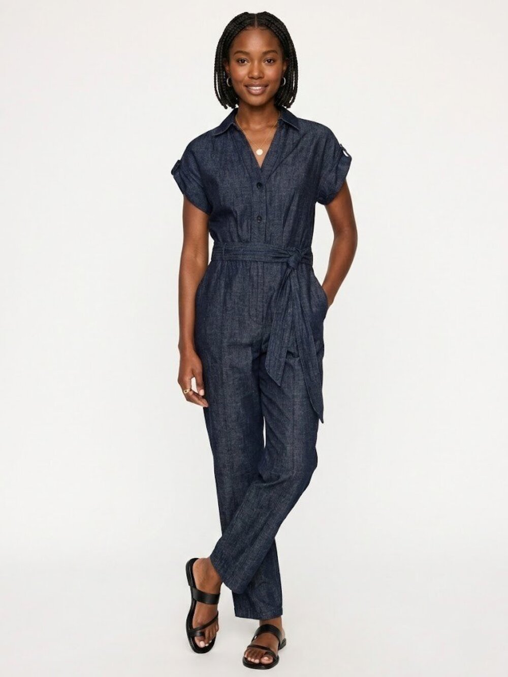 NWT BROCHU WALKER Banks Jumpsuit in Indigo Cotton Linen Chambray 1-Piece M